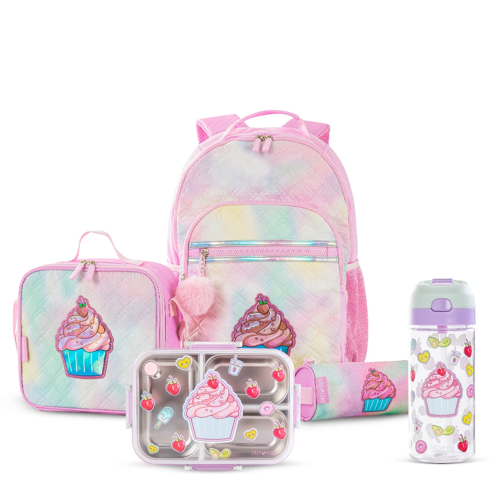 Eazy Kids 17" Set of 5 Backpack w/ Water Bottle, Lunch Box, Lunch Bag and Pencil Case - Sugar Pop Pink