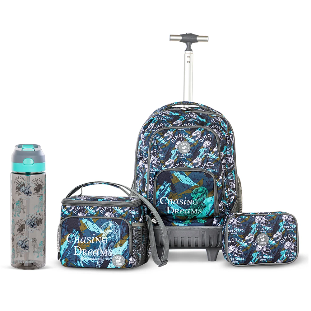 Eazy Kids 18" Set of 4 Trolley Backpack w/ Water Bottle, Lunch Bag and Pencil Case - T Rex