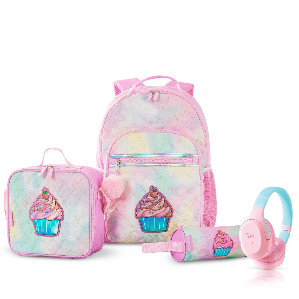 Eazy Kids 17" Set of 4 Backpack w/ BT Headset, Lunch Bag and Pencil Case - Sugar Pop Pink