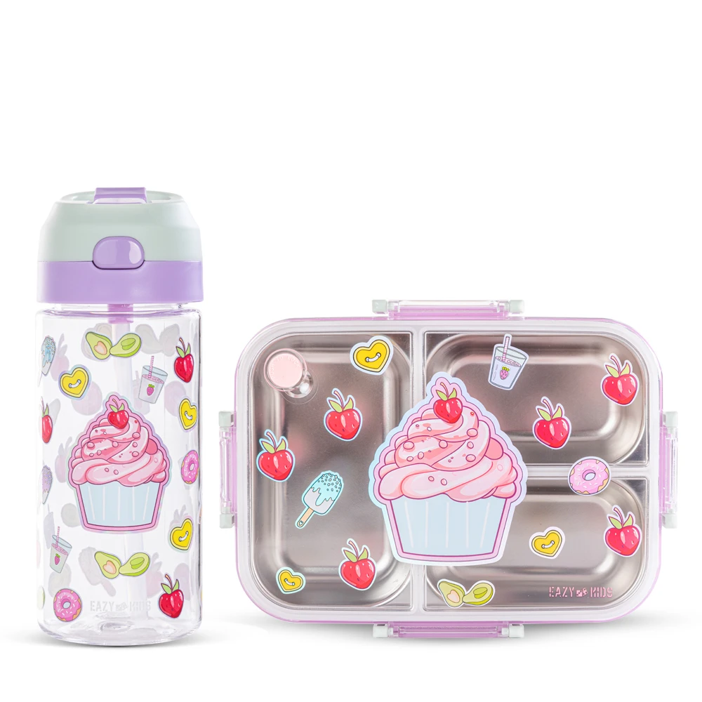 Eazy Kids 3 Compartment 800ml Stainless Steel Bento Lunch Box w/ Water Bottle - Cup Cake Purple