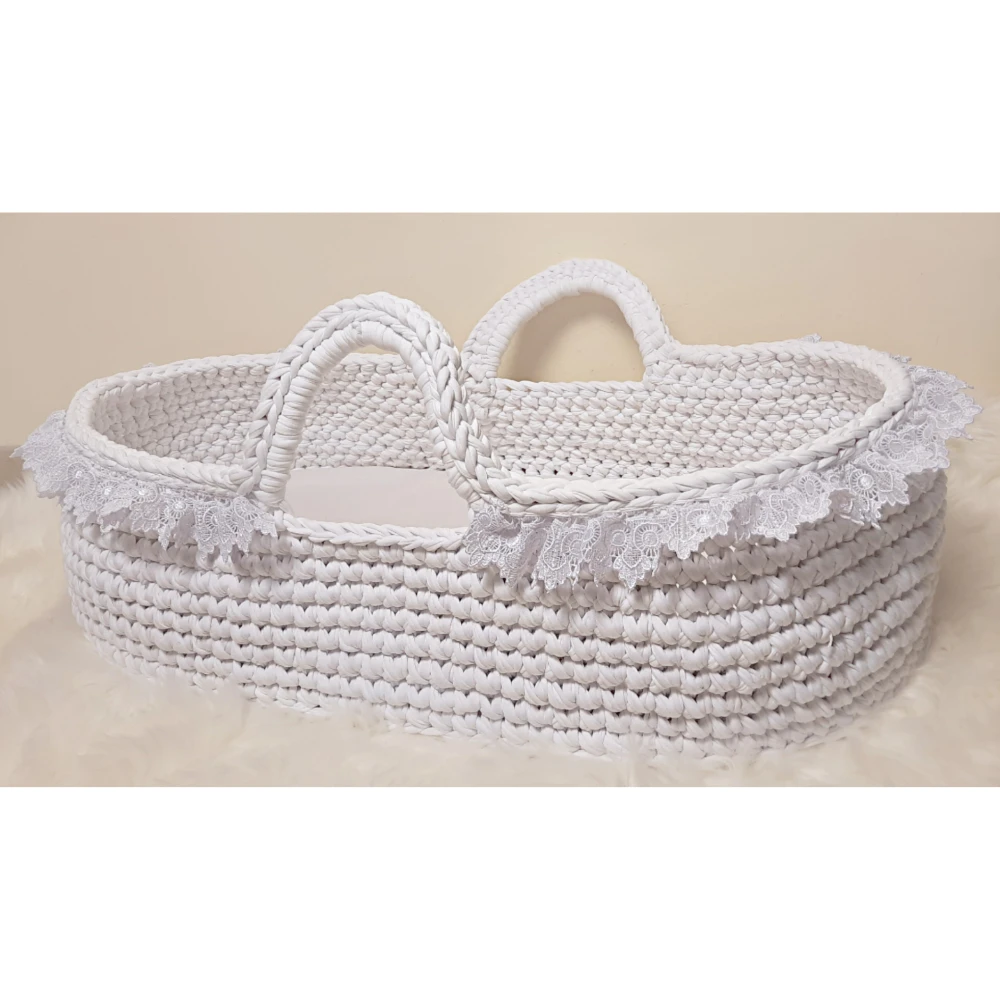 Pikkaboo-Handmade Crochet Moses Basket Carry Cot-White - White