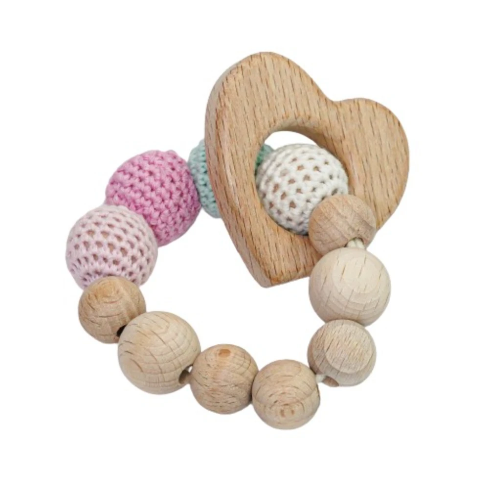 Snuggle&Play Handmade Crochet Teether With Wooden Heart Braclet - Multicolor