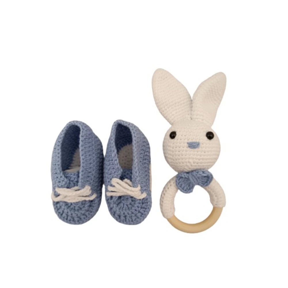 Pikkaboo-HeavenlyHugs Rabbit Handmade Crochet Teether and Booties - Blue - Baby Boy